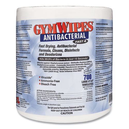 Antibacterial Gym Wipes Refill, 1-ply, 6 X 8, Unscented, White, 700 Wipes/pack, 4 Packs/carton.