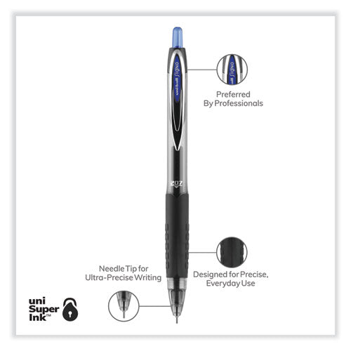 Signo 207 Needle Point Gel Pen,Retractable, Medium 0.7 Mm, Blue Ink, Clear/black/blue Barrel, Dozen