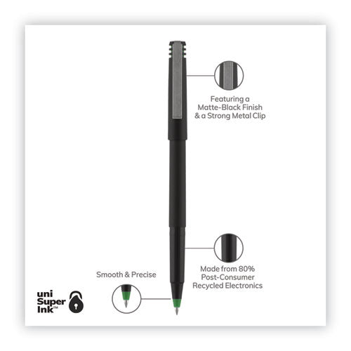Roller Ball Pen, Stick, Fine 0.7 Mm, Green Ink, Black Matte Barrel, Dozen