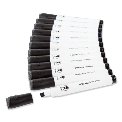 Chisel Tip Low-odor Dry-erase Markers With Erasers, Broad Chisel Tip, Black, Dozen.