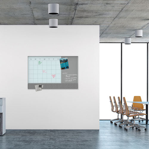 3n1 Magnetic Glass Dry Erase Combo Board, 47 X 35, Month View, Gray/white Surface, White Aluminum Frame