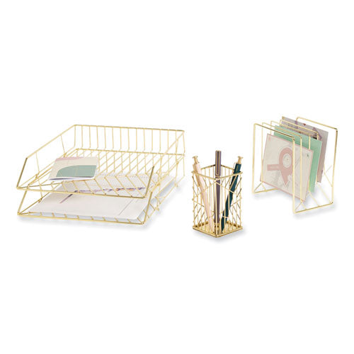 Vena Desktop Organization Kit, 8 Compartments, Letter Sorter, Paper Tray, Pencil Cup, Gold, Metal.