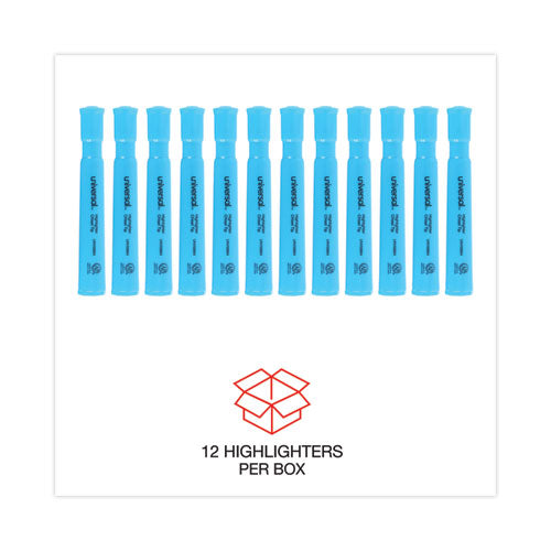 Desk Highlighters, Fluorescent Blue Ink, Chisel Tip, Blue Barrel, Dozen.