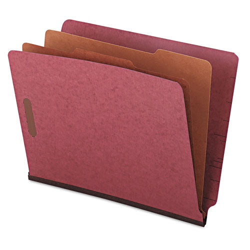 Red Pressboard End Tab Classification Folders, 2" Expansion, 2 Dividers, 6 Fasteners, Letter Size, Red Exterior, 10/box.