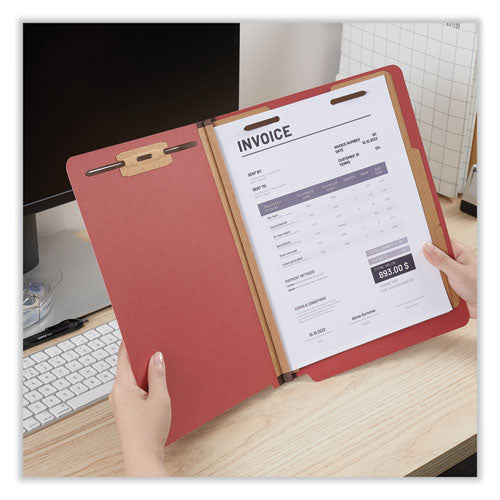Red Pressboard End Tab Classification Folders, 2" Expansion, 2 Dividers, 6 Fasteners, Letter Size, Red Exterior, 10/box.
