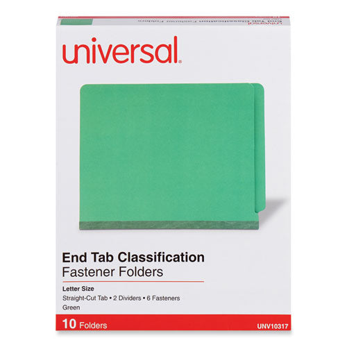 Deluxe Six-section Pressboard End Tab Classification Folders, 2 Dividers, 6 Fasteners, Letter Size, Green, 10/box.