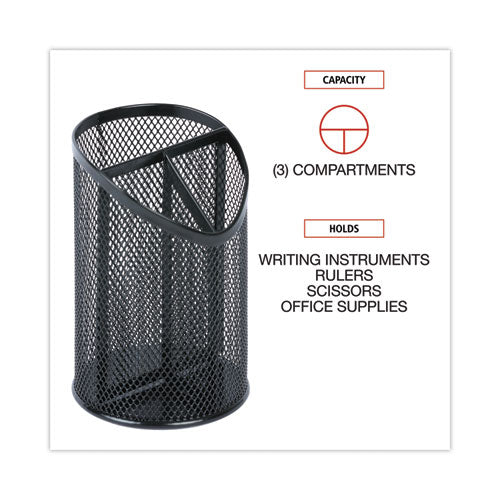 Metal Mesh 3-compartment Pencil Cup, 4.13" Diameter X 6"h, Black.