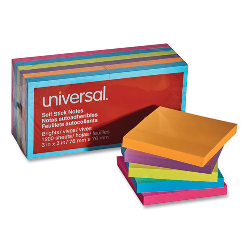 Self-stick Note Pads, 3" X 3", Assorted Bright Colors, 100 Sheets/pad, 12 Pads/pack