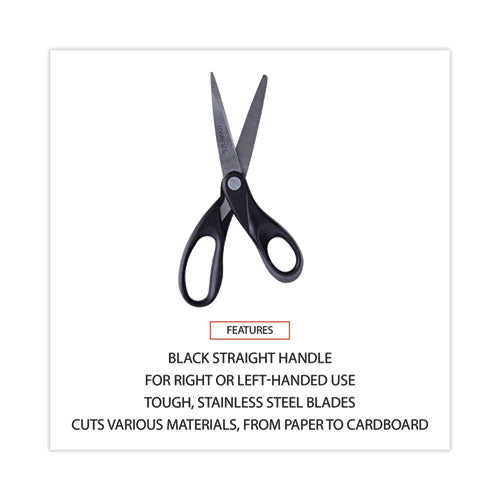 Stainless Steel Office Scissors, 8" Long, 3.75" Cut Length, Straight Black Handle.