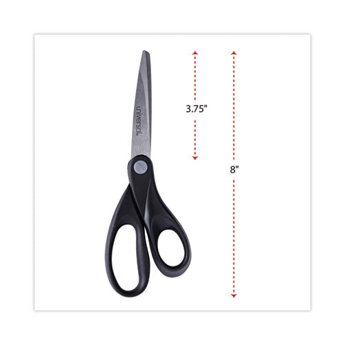 Stainless Steel Office Scissors, 8" Long, 3.75" Cut Length, Straight Black Handle.