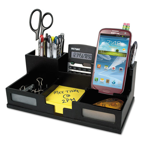 Midnight Black Desk Organizer With Smartphone Holder, 6 Compartments, Wood, 10.5 X 5.5 X 4.