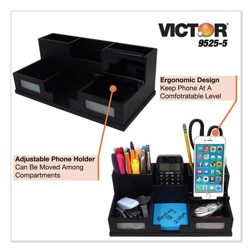 Midnight Black Desk Organizer With Smartphone Holder, 6 Compartments, Wood, 10.5 X 5.5 X 4.