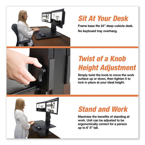 High Rise Dual Monitor Standing Desk Workstation, 28" X 23" X 10.5" To 15.5", Black.