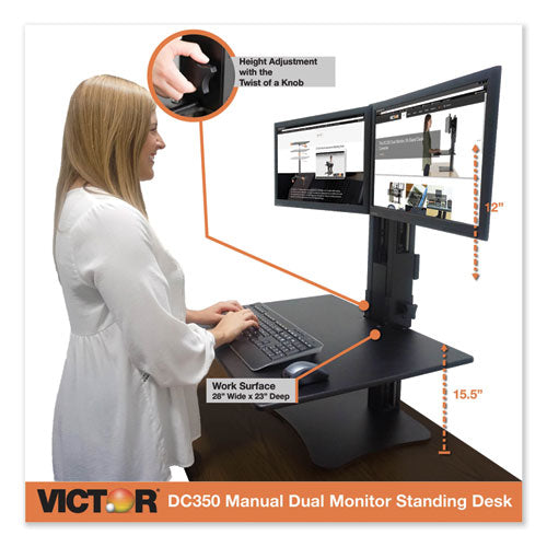 High Rise Dual Monitor Standing Desk Workstation, 28" X 23" X 10.5" To 15.5", Black.