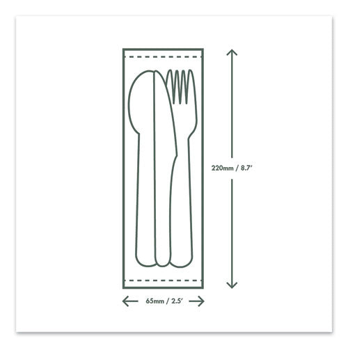 Cutlery Kits, Compostable, Fork/knife/spoon/napkin, White, 250/carton.