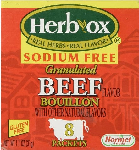 Herb-Ox Bouillon Packets Beef Instant Broth & Seasoning Sodium Free 1.1 oz Box |Gluten Free|