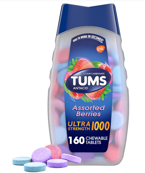 TUMS Ultra Strength Chewable Antacid Tablets for Heartburn & Acid Indigestion Relief – Assorted Berry Flavors – 160 Count