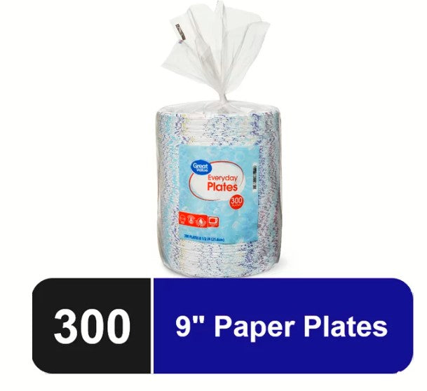 Great Value Everyday Disposable Paper Plates, 9in- 300ct
