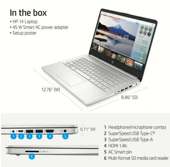 HP 14" FHD Laptop with AMD Ryzen 3, 4GB RAM, 128GB SSD, Windows 11 (S mode) - Sleek Silver Design for Efficient Performance