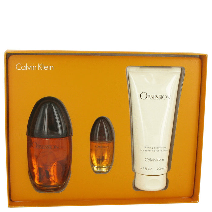Obsession by Calvin Klein Gift Set - 3.4 oz Eau De Parfum Spray + 6.7 oz Body Lotion + .5 oz Mini EDP Spray for Women