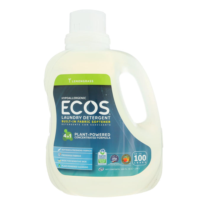 Earth Friendly Ecos Ultra 2x All Natural Laundry Detergent - Lemongrass -Case Of 4 - 100 Fl Oz