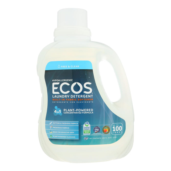 Earth Friendly Ecos Ultra 2x All Natural Laundry Detergent - Free And Clear - Case Of 4 -100 Fl Oz