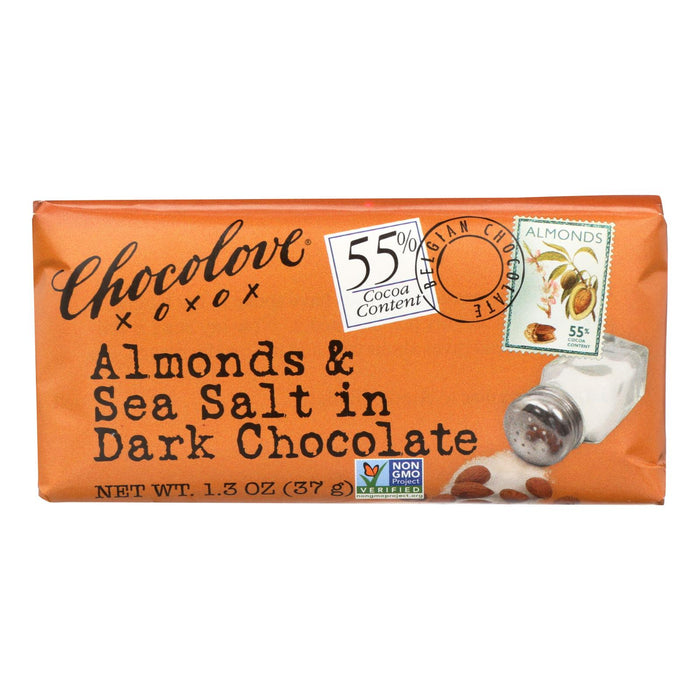 Chocolove Xoxox - Premium Chocolate Bar - Dark Chocolate - Almonds And Sea Salt - Mini 1.3 Oz Bars - Case Of 12