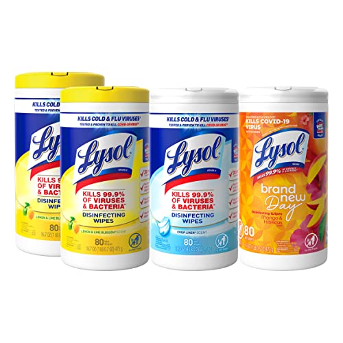 Lysol Disinfectant Wipes Bundle, Multi-Surface Antibacterial Cleaning Wipes, For Disinfecting & Cleaning, contains x2 Lemon & Lim Blossom, Crisp Linen, Mango & Hibiscus, 80 Count (Pack of 4)