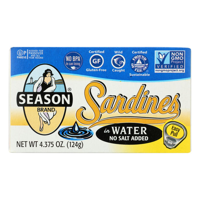 Season Brand Sardines In Water  - No Salt Added - Case Of 12 - 4.375 Oz.