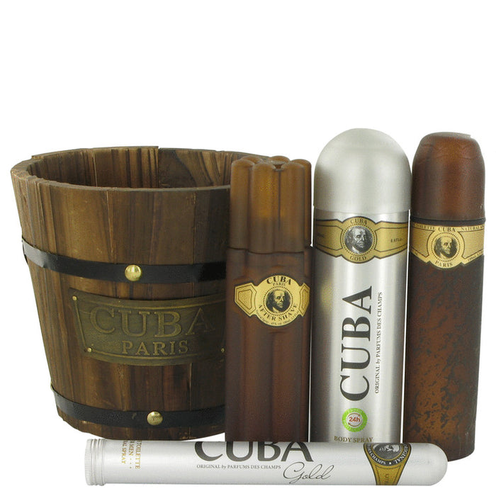 Cuba Gold by Fragluxe Gift Set --3.4 oz Eau De Toilette Spray + 1.17 oz Eau De Toilette Spray + 6.7 oz Body Spray + 3.3 oz After Shave for Men