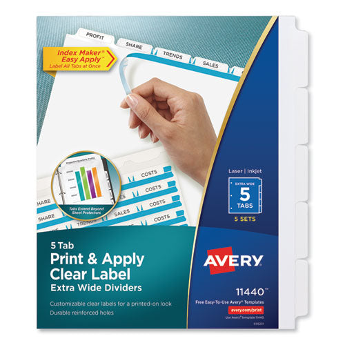 Print And Apply Index Maker Clear Label Dividers, Extra Wide Tab, 5-tab, White Tabs, 11.25 X 9.25, White, 5 Sets