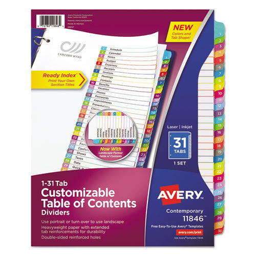 Customizable Toc Ready Index Multicolor Tab Dividers, 31-tab, 1 To 31, 11 X 8.5, White, Contemporary Color Tabs, 1 Set