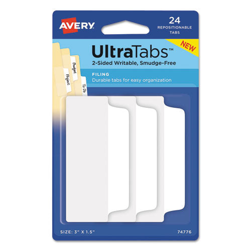 Ultra Tabs Repositionable Tabs, Wide And Slim: 3" X 1.5", 1/3-cut, White, 24/pack