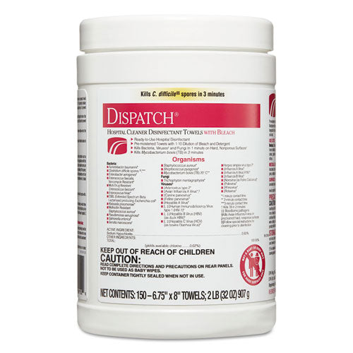 Dispatch Cleaner Disinfectant Towels, 1-ply, 6.75 X 8, Unscented, White, 150/canister