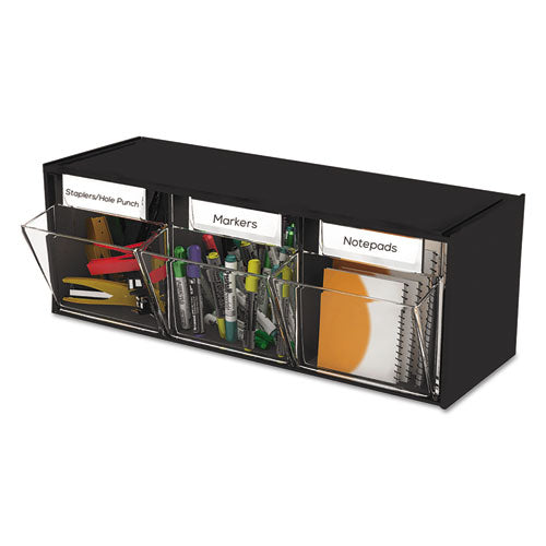 Tilt Bin Interlocking Multi-bin Storage Organizer, 3 Sections, 23.63" X 7.75" X 9.5", Black/clear.