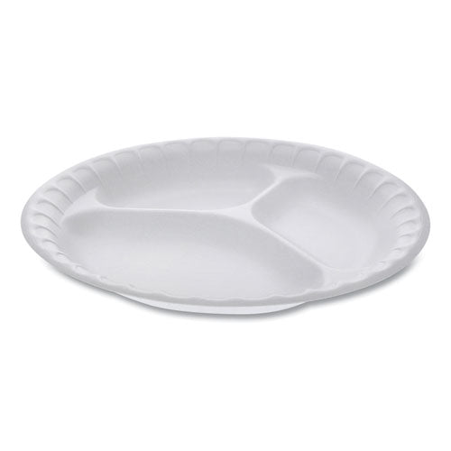 Placesetter Satin Non-laminated Foam Dinnerware, 3-compartment Plate, 9" Dia, White, 500/carton