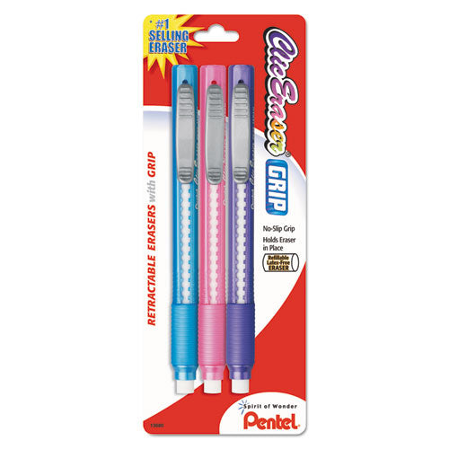 Clic Eraser Grip Eraser, For Pencil Marks, White Eraser, Randomly Assorted Barrel Colors (three-colors), 3/pack