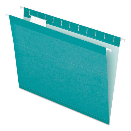 Colored Reinforced Hanging Folders, Letter Size, 1/5-cut Tabs, Aqua, 25/box