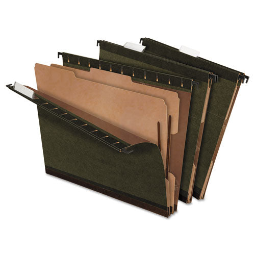 Surehook Reinforced Hanging Divider Folders, 2" Expansion, 2 Dividers, 4 Fasteners, Letter Size, Green Exterior, 10/box
