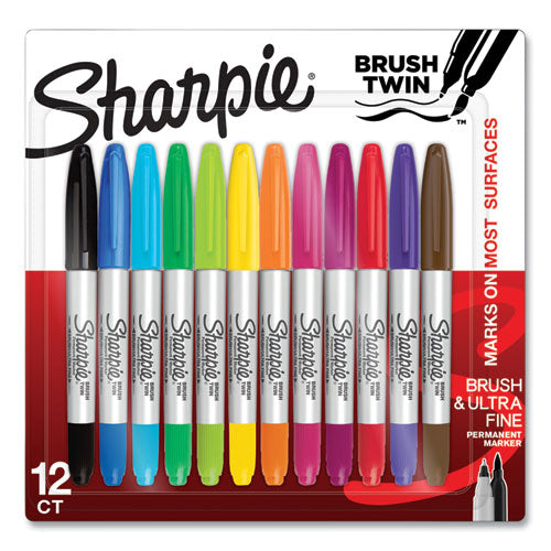 Brush Tip Permanent Marker, Twin Tip, Brush/ultra-fine Tip, Assorted Colors, 12/pack