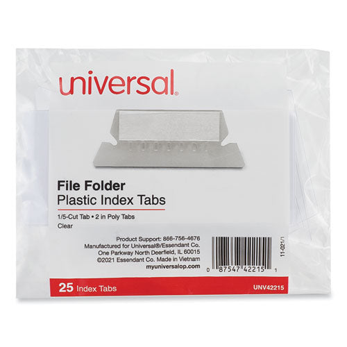 Hanging File Folder Plastic Index Tabs, 1/5-cut, Clear, 2.25" Wide, 25/pack