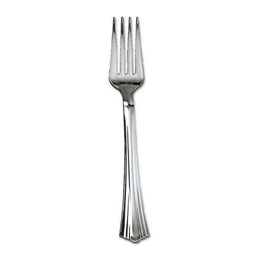 Heavyweight Plastic Forks, Reflections Design, Silver, 600/carton.