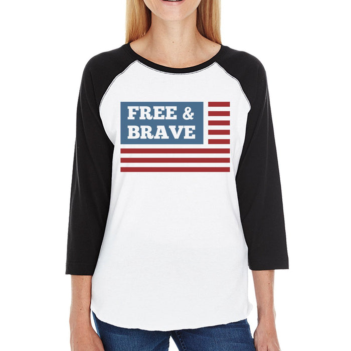 Free & Brave Us Flag Womens Black Raglan Tee Shirt Cotton Crewneck