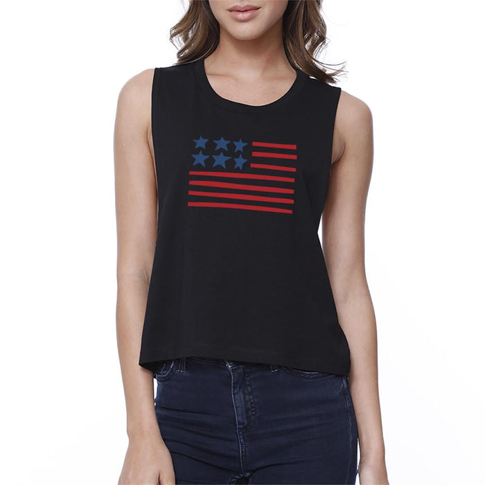 Cute USA Flag Design Womens Black Crop Top 4th of July Gift Ideas