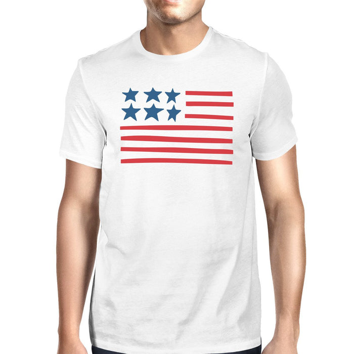 USA Flag Mens White Cotton Tee For Independence Day Gift For Him