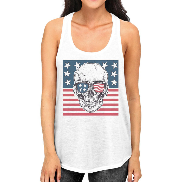 Skull American Flag Womens White Tank Top Crewneck Line Cotton Tee