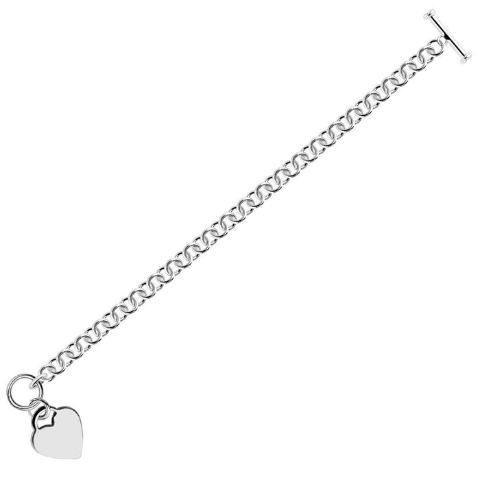Sterling Silver Rhodium Plated Rolo Chain Bracelet with a Heart Charm