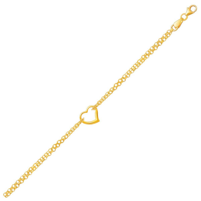 14k Yellow Gold Double Rolo Chain Anklet with an Open Heart Station.