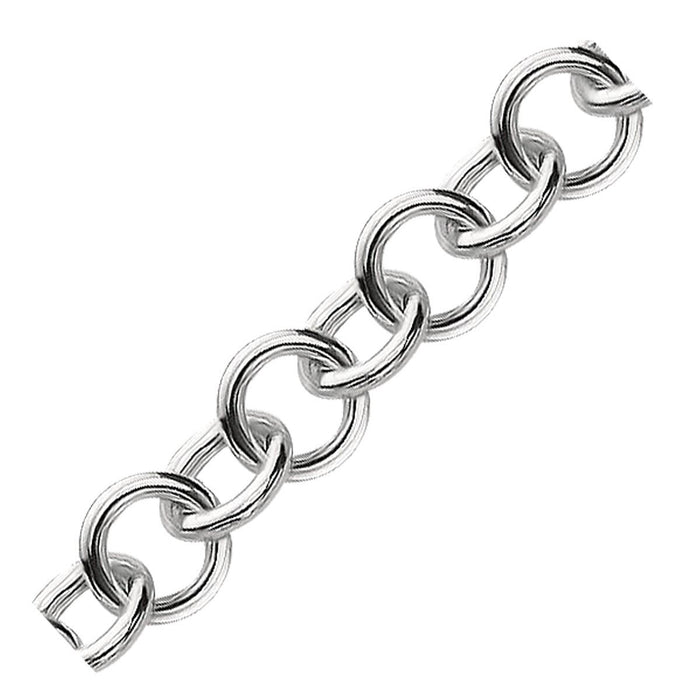 Sterling Silver Rolo Style Polished Charm Bracelet with Rhodium Plating.