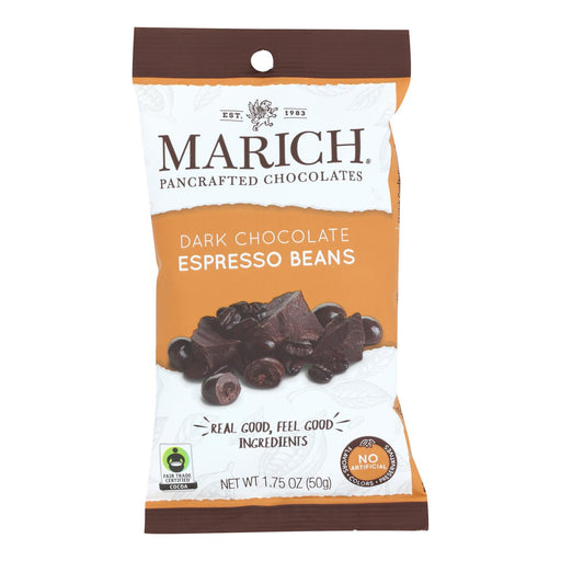 Marich Dark Chocolate Espresso Beans in a Case of 12, 2 oz Packs – Gourmet chocolate-covered coffee beans perfect for snacking and gifting.